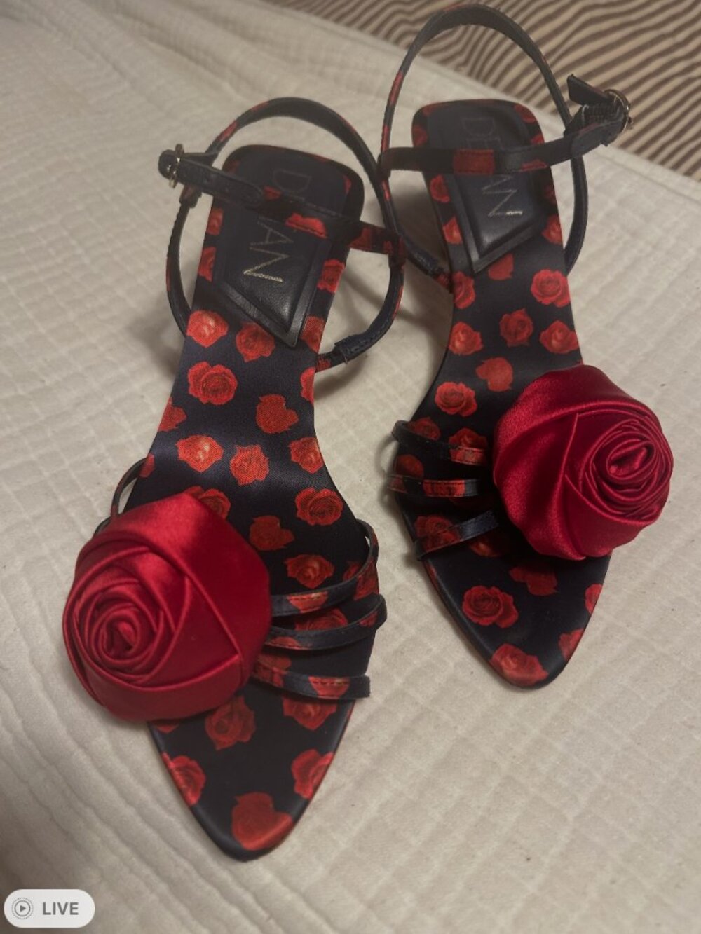 Deltan navy red heeled sandals with red roses